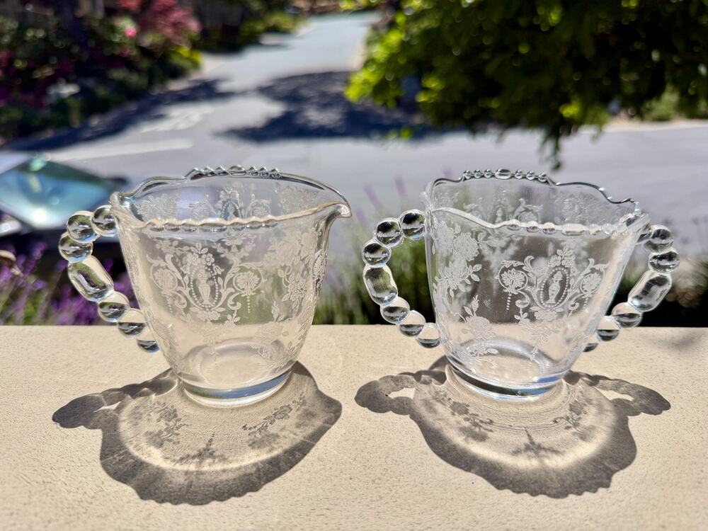 Vintage Tiffin-Franciscan Cherokee Rose Floral Beaded Glass Creamer & Sugar Set